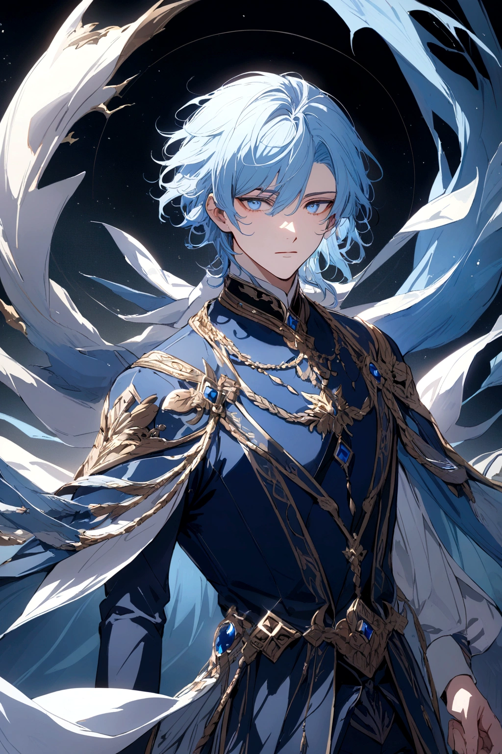 Beautiful male god with long light blue hair and light blue eyes, with dark blue and light blue clothes