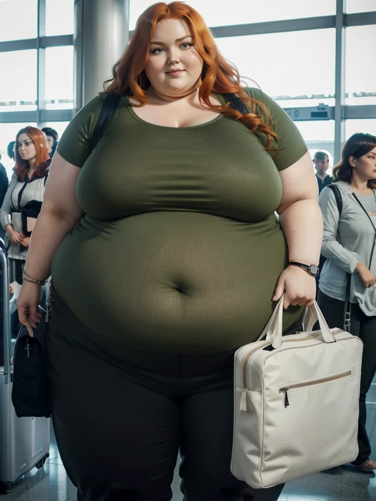 A plane passenger detailed photo of a Beautiful ginger SSBBW, with long wavy ginger hair, with big soft fat belly, thicc fat arms, thicc wide legs, big breast, in a cute green top tucked in her pants, and black pants, at airport waiting for the plane with a big bag, the airport has a big window with passenger planes outside