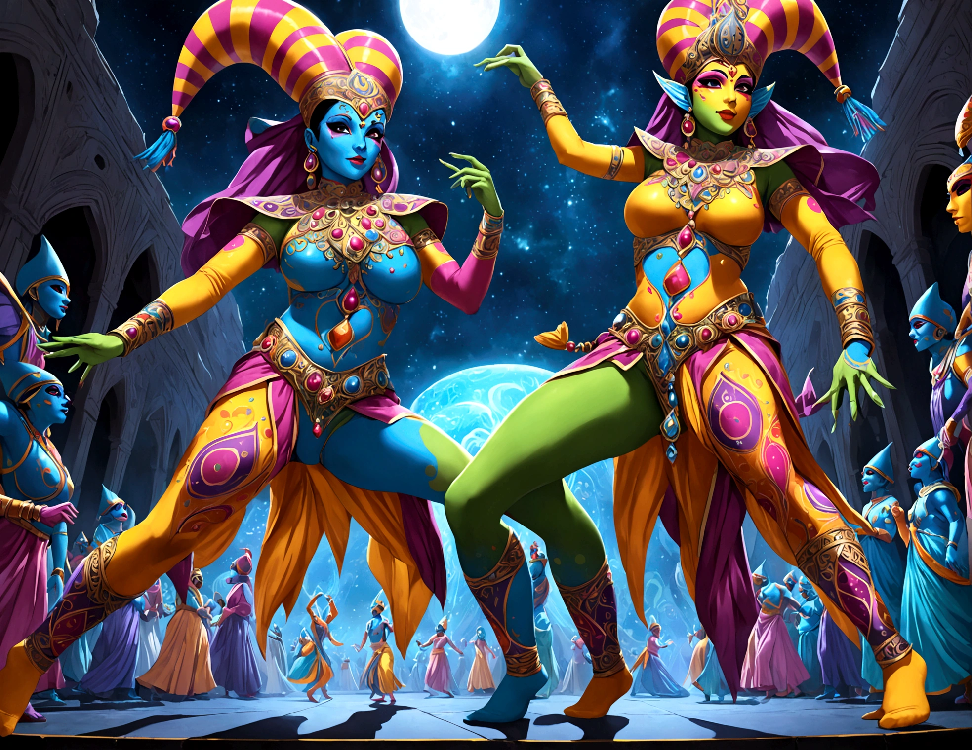 "(best quality, highres, ultra-detailed), 2 women, Desi, 40, average build, in colorful body paint,(playful, vibrant) jesters (costume is entirely body paint), wrestling for a crowd of rowdy aliens, in an(otherworldly) atmosphere,(fantastical, whimsical) outfits, (elaborate face makeup), (bright, vivid) colors, lively expressions, (dynamic poses), (mysterious, ethereal) lighting"
