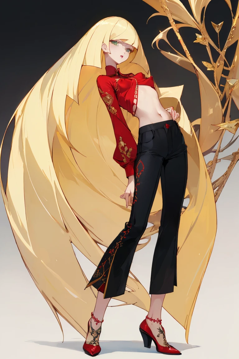 ((Highest quality)), ((masterpiece)), (Familiar), Lusamine,nsfw,Tattoo of the uterus,thin,Long blonde hair,Small breasts,Small breasts,Erect nipples,Adult female,Green Eyes,Slanted Eyes,Red Shirt,No sleeve,Gold embroidery,shoes,Fascinating,Black pants