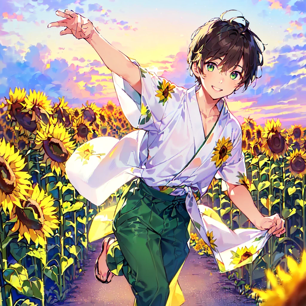 masterpiece, best quality, high quality, extremely detailed, (1 male age 30, solo: 1.5), (short short hair up to neck, bangs up to eyes: 1.5), (hair color brown), (eyes yellowish green: 1.3), 8 head tall, slender nose, expression (yukata short sleeve sunflower print in summer with pants: 1.3), (running), (dynamic pose), (smiling: 1.3), (background sunflower field: 1.3), (sunset:1.3)