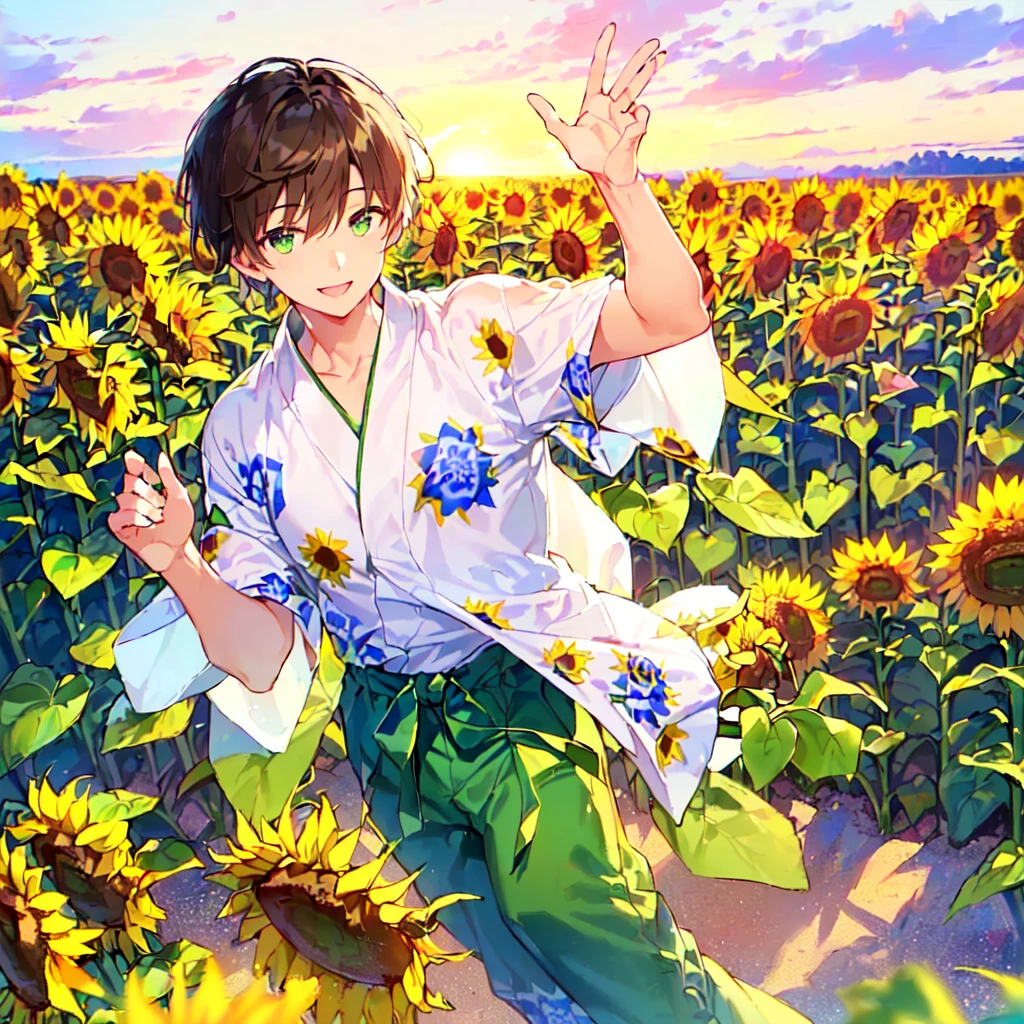 masterpiece, best quality, high quality, extremely detailed, (1 male age 30, solo: 1.5), (short short hair up to neck, bangs up to eyes: 1.5), (hair color brown), (eyes yellowish green: 1.3), 8 head tall, slender nose, expression (yukata short sleeve sunflower print in summer with pants: 1.3), (running), (dynamic pose), (smiling: 1.3), (background sunflower field: 1.3), (sunset:1.3)