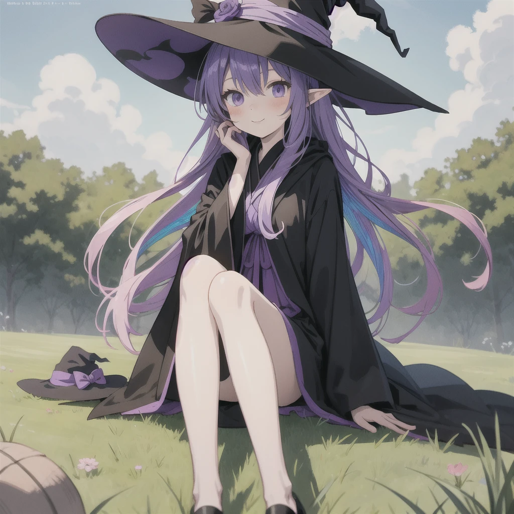 anime girl long purple hair wearing a black Robe. she has pointy ears. Witch Hat. Manga kawaii. iridescent ,An illustration, 0ne person .Sitting in the grass, hair blowing in the wind