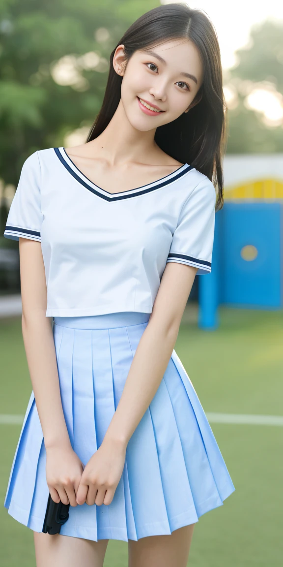 A neat and clean female college student, , (school uniform, Summer clothes, Short sleeve), Outside the playground, (slim), Realistic, detailed, Skin Texture, ultra detailed, Delicate and sexy collarbone, smile, super detaileded face, detaileded lips, detaileded eyes, Breast augmentation, Narrow waist, (Shooting from below:1.2),