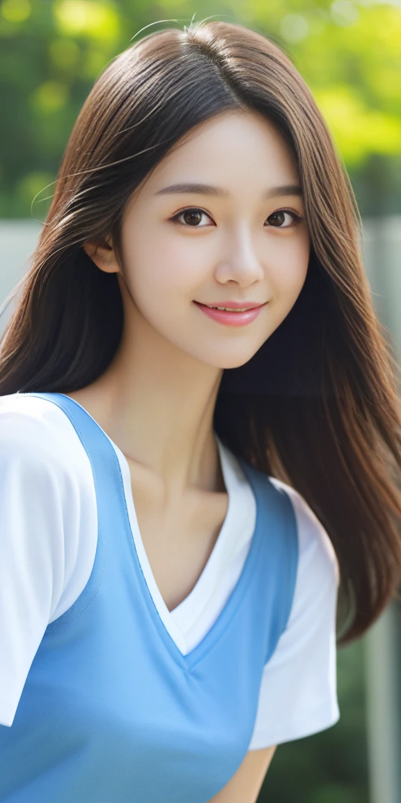 A neat and clean female college student, , (school uniform, Summer clothes, Short sleeve), Outside the playground, (slim), Realistic, detailed, Skin Texture, ultra detailed, Delicate and sexy collarbone, smile, super detaileded face, detaileded lips, detaileded eyes, Breast augmentation, Narrow waist, (Shooting from below:1.2), 