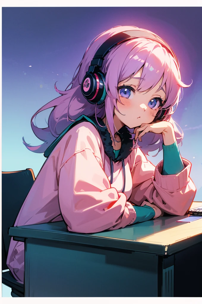 anime girl sitting at a desk with a laptop and headphones on, lofi girl, anime girl desktop background, digital anime illustration, anime style 4 k, anime art wallpaper 4k, anime art wallpaper 4 k, anime art wallpaper 8 k, lofi portrait, 4k anime wallpaper, anime wallpaper 4 k, anime wallpaper 4k, nightcore, lofi artstyle