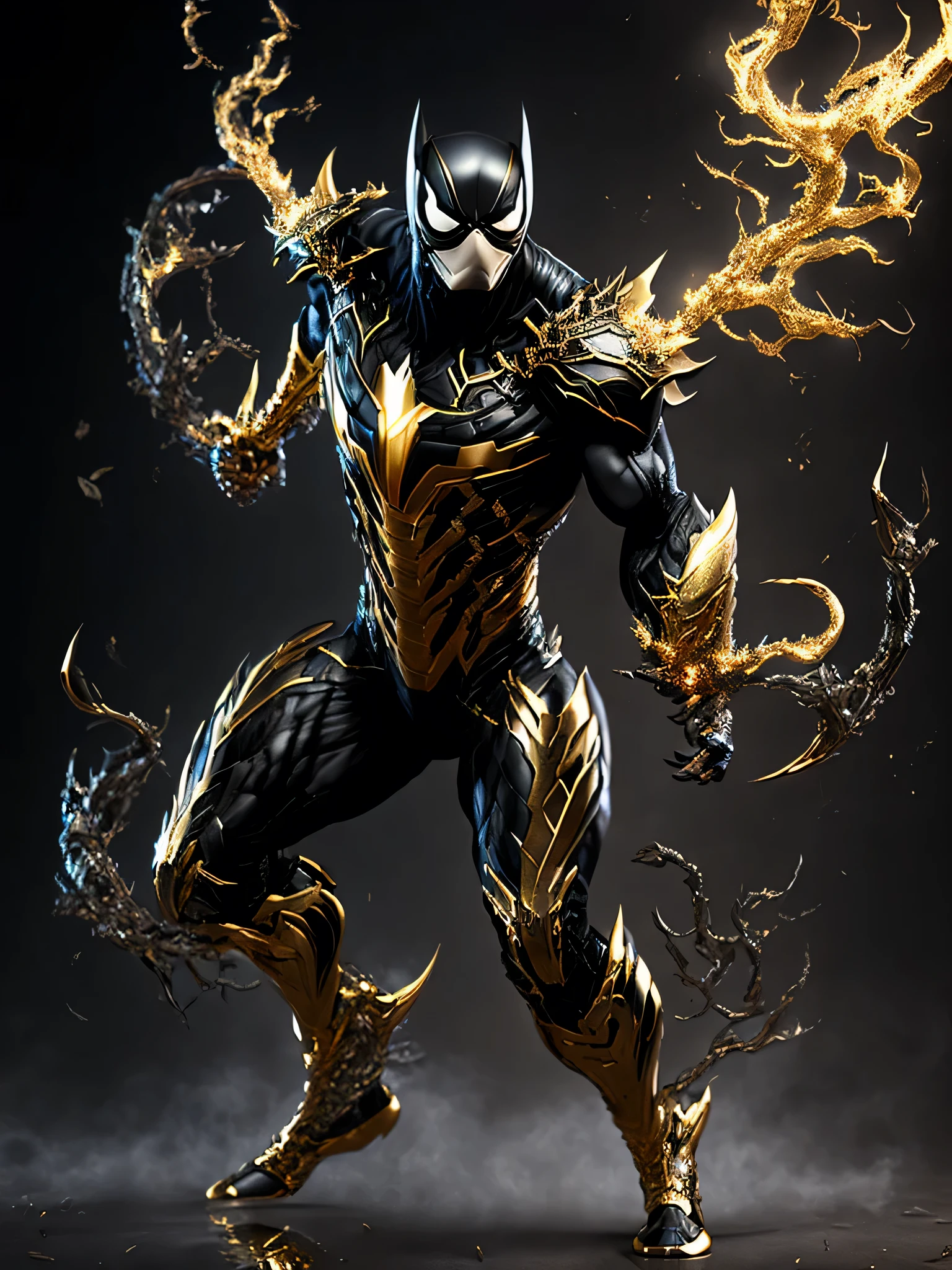 Full Body ( Steal metal black and gold venom from Marvel in Goth style: 1.3) emerging from the reflective steal metal, extremely detailed, smoke, sparks, metal shavings, flying debris, volumetric light