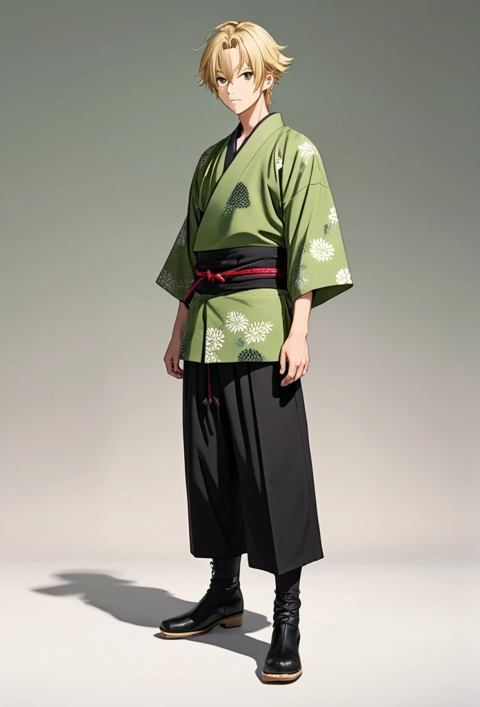 man, blond, brown eyes, short hair, green kimono, haramaki, black pants
full-length, black boots 