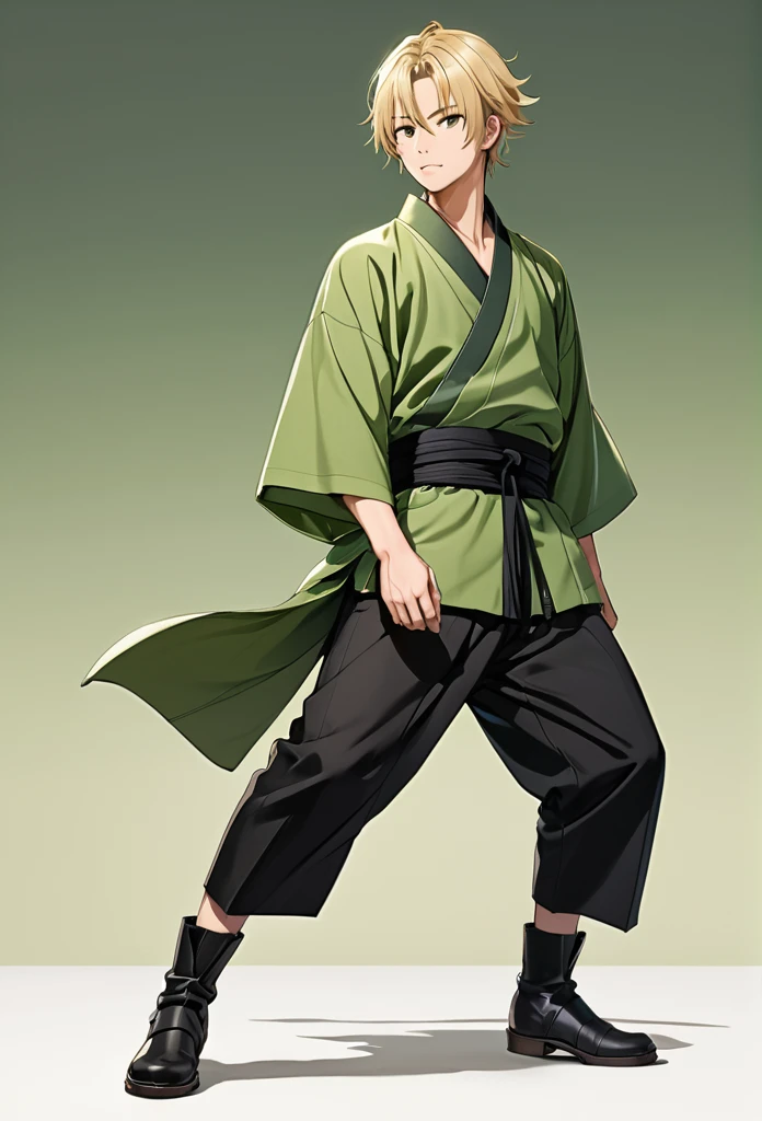 man, blond, brown eyes, short hair, green kimono, haramaki, black pants
full-length, black boots