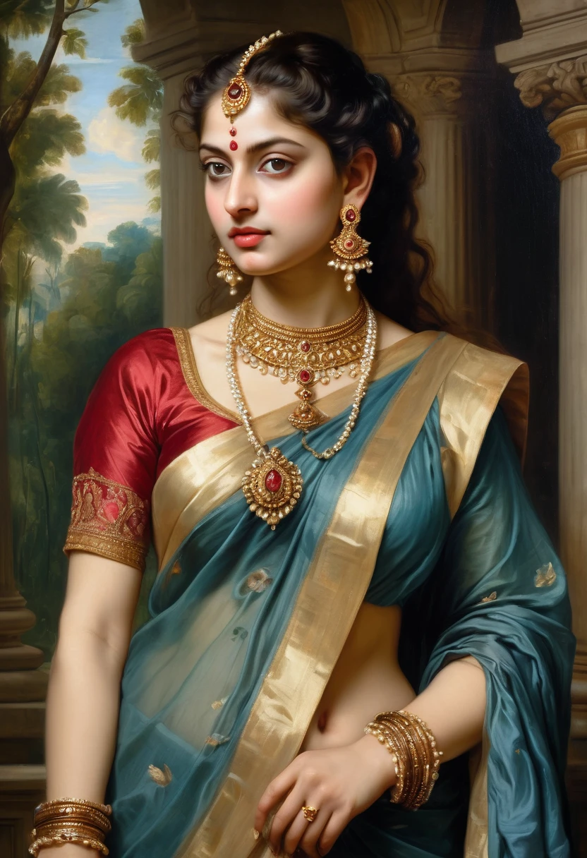 Beautiful Indian Woman, wearing saree, sari Beauty, gorgeous, Apsara, Maharani, royal queen woman, nymph from Hindu Mythology, Urvashi, matchless beauty, Highly detailed, Oil Painting by Peter Paul Rubens inspired by Raja Ravi Varma, Matchless beauty, captivating, gorgeous, heavenly beauty, celestial beauty, by Peter Paul Rubens, 13, realistic, hyper realistic, micro details, incredible artwork, insane details, ultra High resolution, 8k, 32k, acrylic on canvas, intricate, flawless, detailed, detailed face, detailed eyes, masterpiece, by Peter Paul Rubens, by Caravaggio, by William Adolphe bouguereau, perfect face, perfect body, beautiful art, realism, baroque, renaissance Art, highly textured, beautiful and detailed eyes, uhd, best quality,
