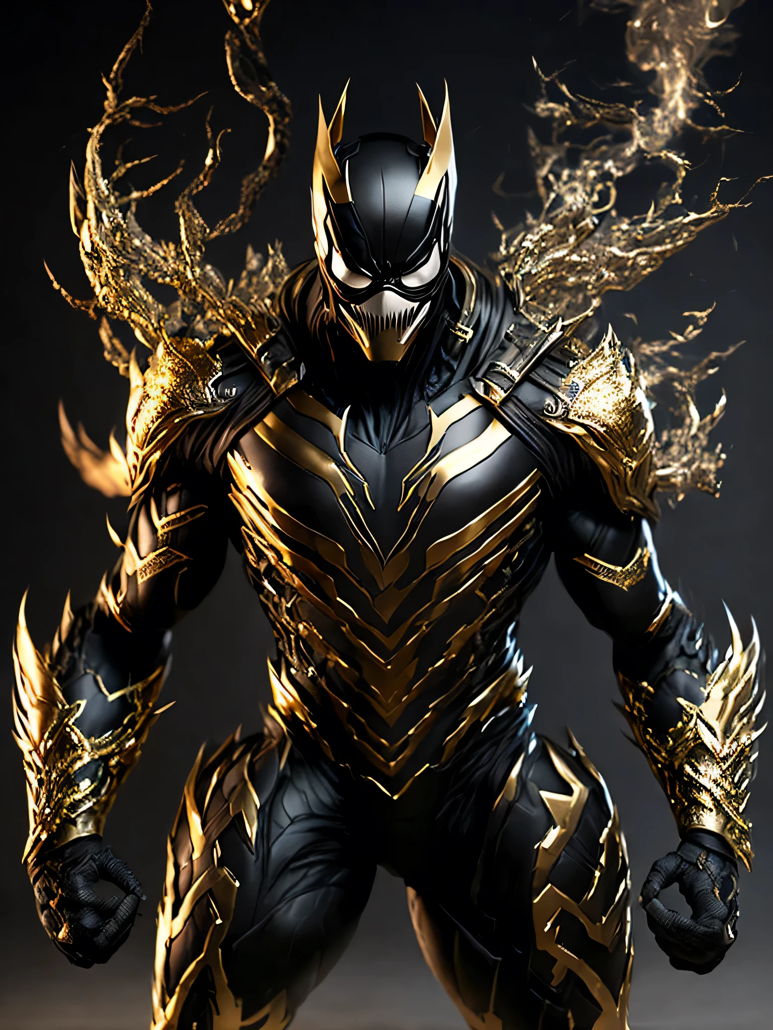 Full Body ( Steal metal black and gold venom from Marvel in Goth style: 1.3) emerging from the reflective steal metal, extremely detailed, smoke, sparks, metal shavings, flying debris, volumetric light