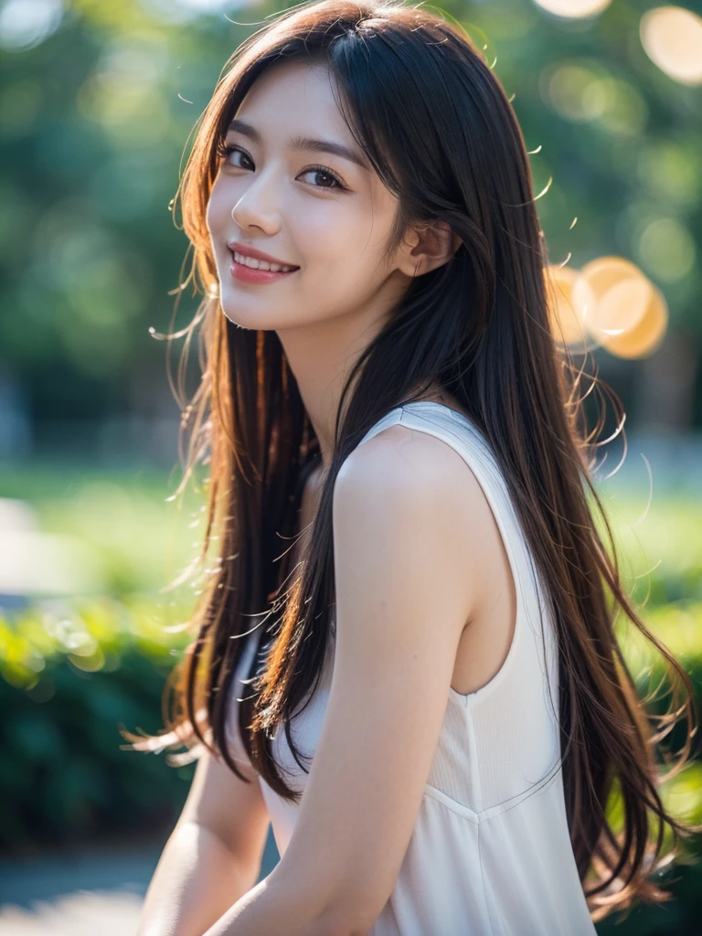 a beautiful young russian woman, detailed face, detailed eyes, full lips, porcelain skin, long chestnut hair, long eyelashes, slender figure, stylish clothing, beautiful landscape, (best quality,4K,8K,highres,masterpiece:1.2),ultra-detailed,(realistic,photorealistic,photo-realistic:1.37),HDR,uhd,studio lighting,ultra-fine painting,sharp focus,physically-based rendering,extreme detail description,professional,vivid colors,bokeh,portraits、smile