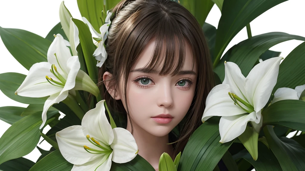 32k, Masterpiece, Highest quality, One girl, Brown Hair, Detailed eyes, flower,Amaryllis, Blue and green style,A dreamy, romantic piece,Pale green, Mysterious Leaves,A playful arrangement,Fantasy,High Contrast,Ink strokes,explosion,Exposure, Impression of blue and green tones,Abstract, Brush strokes,Negative Space, Tyndall effect, White background