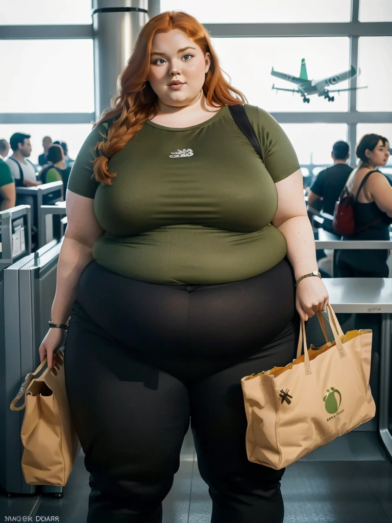 A plane passenger detailed photo of a Beautiful ginger SSBBW, with long wavy ginger hair, with big soft fat belly, thicc fat arms, thicc wide legs, big breast, in a cute green top tucked in her pants, and black pants, at airport waiting for the plane with a big bag, the airport has a big window with passenger planes outside
