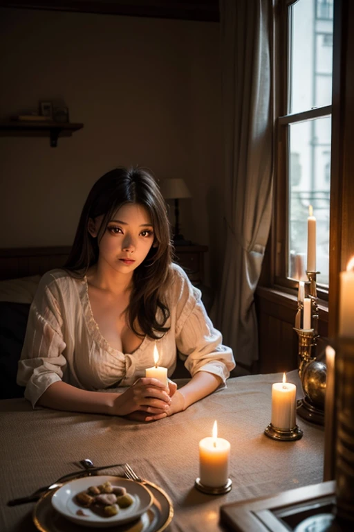 "黒猫🐈‍⬛の仲間とスチームパンクな女の子, Relax in a candlelit room,  Eye contact with viewers, Shooting with wide angle."