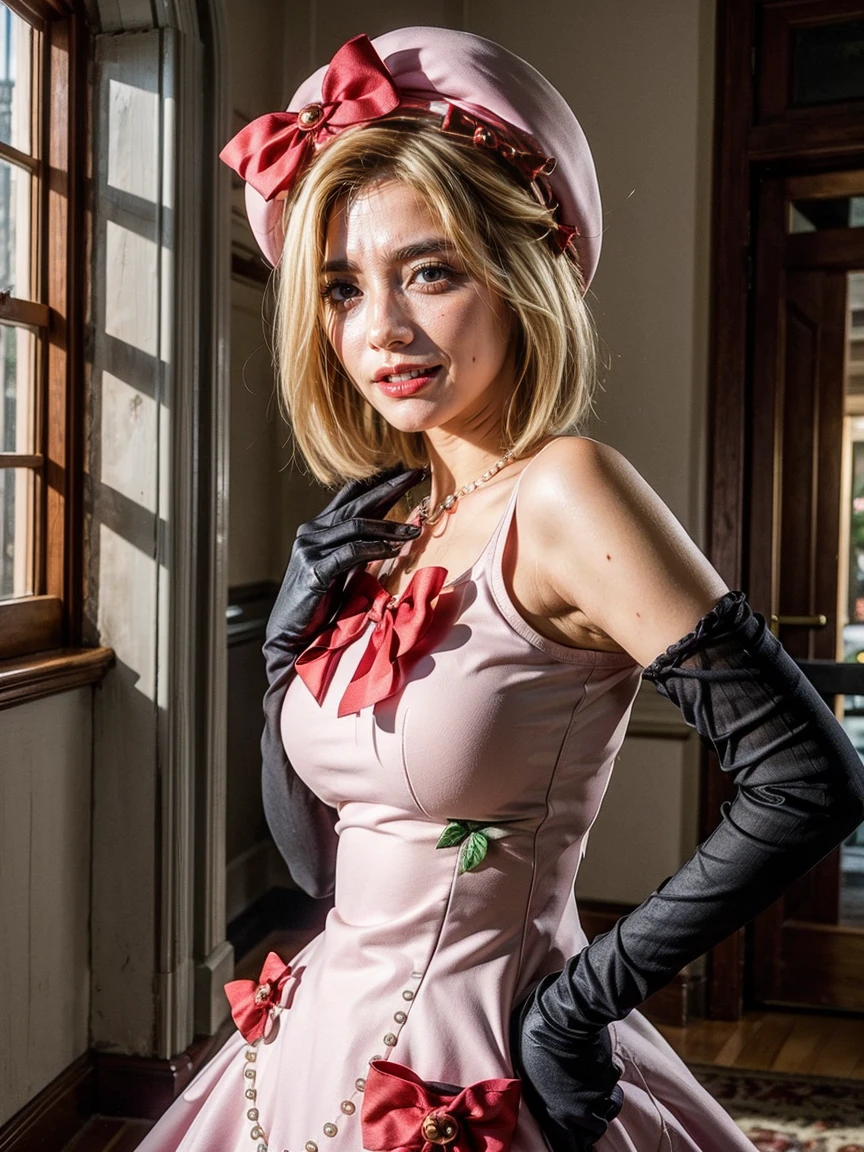 (1 lady), The beautiful, (Best quality at best:1.4), (ultra - detailed), (extremely detailed CG unified 16k), gold blonde hair, very detailed, High-definition RAW color photo, professional photoshooting, amazing face and eyes, cosmetics, (amazingly beautiful girl), ((lambdadelta, tall woman, taller)), ((dress, red bow, pink hat, necklace, gloves, pearl, pink dress)), standing, realistic cinematic face, photo portrait, upper body (shoulders to head), photorealistic, ((realistic natural blonde hair style, red eyes)), gorgeous, extremely beautiful face, perfect model beauty, pout mouth, flirting smile, cleavages, city girl, western, (masterpiece), best quality, high resolution, extremely detailed, blurred background, depth of field, cinematic lighting, clear and well-cared skin
