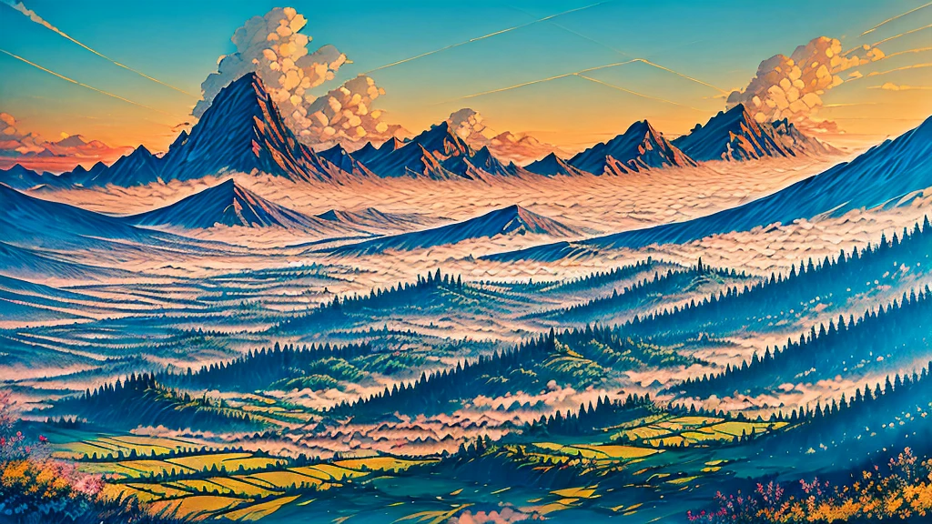 Create a high-quality anime-style image of a serene rural scene. The setting is a peaceful village with a sunny, clear blue sky adorned with fluffy white clouds. The foreground features a quaint yard with a yellow vintage Volkswagen van parked on a stone-paved driveway. The van is well-maintained, and its vibrant color contrasts beautifully with the green surroundings.
The yard is lush with greenery, including tall trees, bushes, and vibrant flowers, adding a touch of life and color to the scene. The red-tiled roofs of nearby houses peek through the foliage, giving a cozy and homely feel. Include details like a wooden fence, a small garden with various plants, and a few birds flying in the sky to enhance the tranquil atmosphere.
Ensure the overall mood of the image is calm and nostalgic, capturing the simplicity and beauty of rural life. Pay attention to the interplay of light and shadow, making the colors pop and adding depth to the scene.