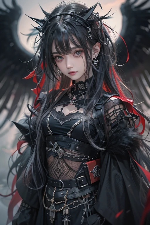 Highest quality、8K、masterpiece:1.3、Gothic Punk、The inner is red、Gray Black Hair、hair ornaments、beautiful girl、creative、Dark Fantasy Style、Neogoth、Goth Fashion:1.2、High resolution、masterpiece、Highest quality、頭w:1.3、((Hasselblad Photos))、Fine skin、Sharp focus、(Cinema Lighting)、Realistic textured hair, Black crow on the shoulder