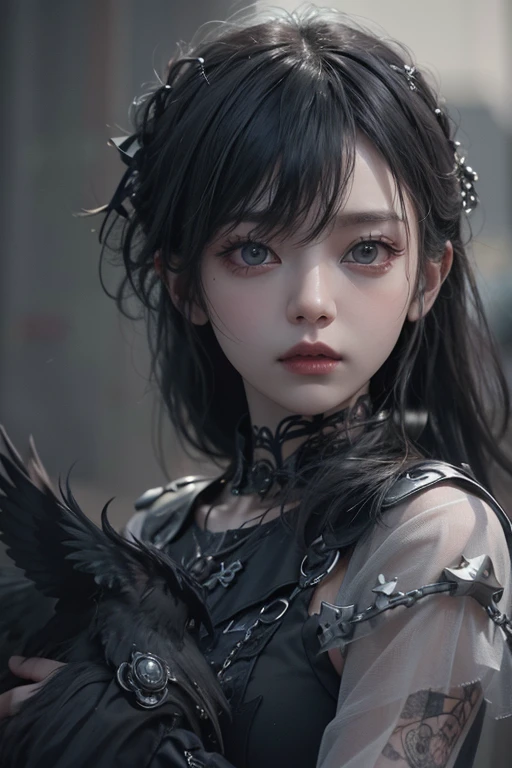 Highest quality、8K、masterpiece：1.3、Gothic Punk、The inner  is red、Gray Black Hair、hair ornaments、beautiful girl、creative、Dark Fantasy Style、Neogoth、Goth Fashion：1.2、High resolution、masterpiece、Highest quality、頭w:1.3、((Hasselblad Photos))、Fine skin、Sharp focus、(Cinema Lighting)、Realistic textured hair, Black crow on the shoulder 