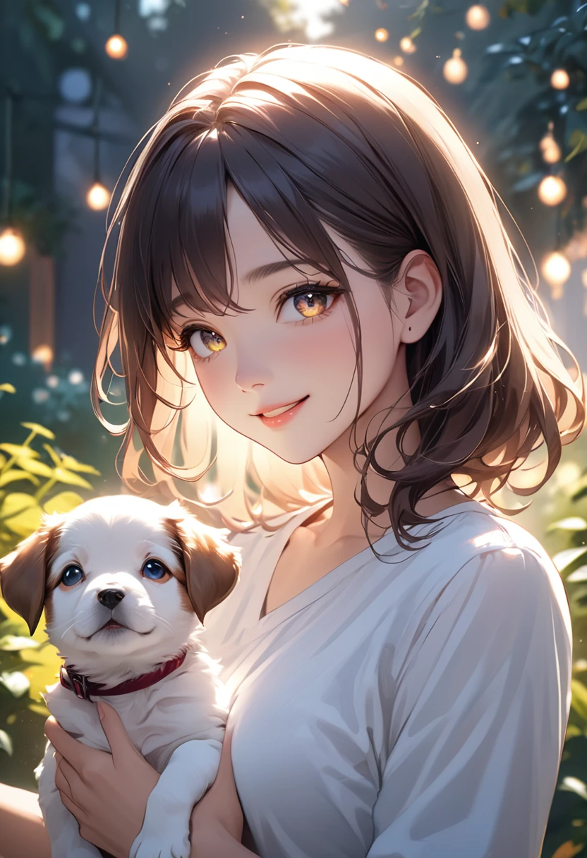 (masterpiece:1.5),(Beat quality),(high res),1girl solo,beautiful face,smile(shining eyes),upper body,light effects,Plainclothes woman,puppy,garden