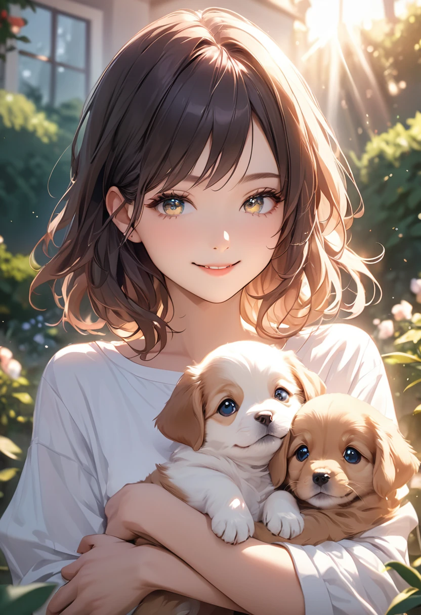 (masterpiece:1.5),(Beat quality),(high res),1girl solo,beautiful face,smile(shining eyes),upper body,light effects,Plainclothes woman,puppy,garden