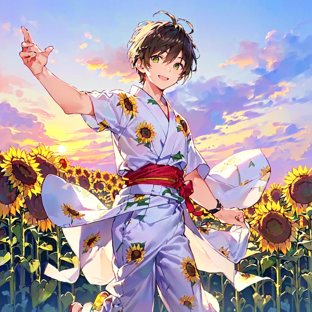 masterpiece, best quality, high quality, extremely detailed, (1 male age 30, solo: 1.5), (short short hair up to neck, bangs up to eyes: 1.5), (hair color brown), (eyes yellowish green: 1.3), 8 head tall, slender nose, expression (yukata short sleeve sunflower print in summer with pants: 1.3), (running), (dynamic pose), (smiling: 1.3), (background sunflower field: 1.3), (sunset:1.3)