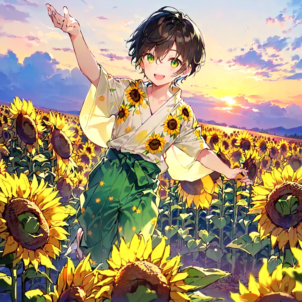 masterpiece, best quality, high quality, extremely detailed, (1 male age 30, solo: 1.5), (short short hair up to neck, bangs up to eyes: 1.5), (hair color brown), (eyes yellowish green: 1.3), 8 head tall, slender nose, expression (yukata short sleeve sunflower print in summer with pants: 1.3), (running), (dynamic pose), (smiling: 1.3), (background sunflower field: 1.3), (sunset:1.3)