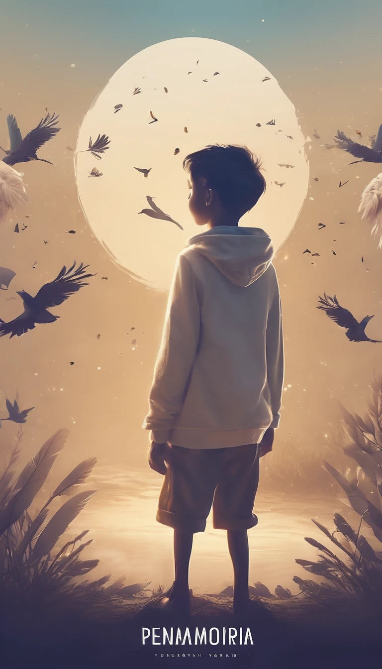 Create a professional, fantastic, cinematic dream-like Youtube Banner for a brand about music, stories, fantasy and dreams called " Penamemoria". Masterpiece, 4k, sharp focus, highest quality,wide shot. The title is " Penamemoria". Is a brand about the creative, unique journey of a boy into becoming a musician storyteller. In his journey he finds inspiration in a world of birds and feathers. Minimalistic, simple, poetic, dreamy logotype at the center of the image. The Background image is a world full of fantastic feathers, unique birds, light blue sky, soft white and light golden. Logo design of a face of a boy and a face of a feather