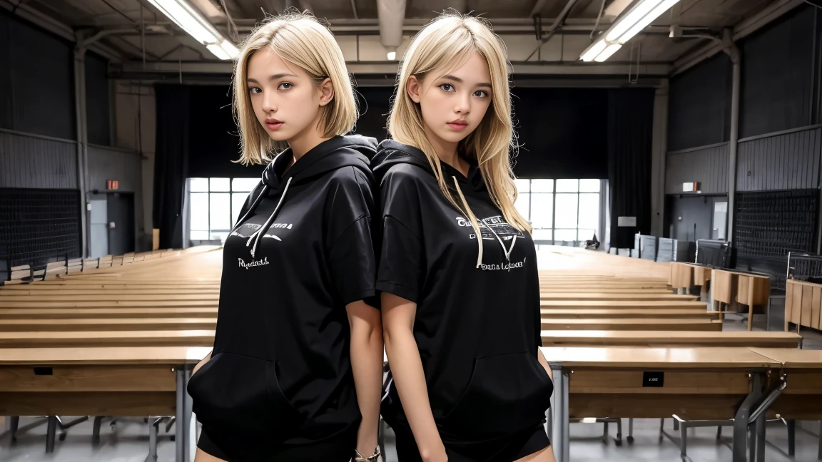deux femmes blonde ensemble de 18 ans sexy et mince , black short sleeve hoodie , salle de classe, se touche,position sey,sensuel