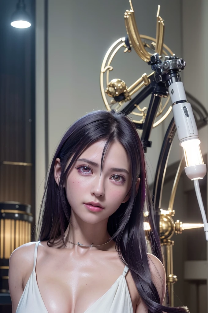 Top Quality, Masterpiece, Ultra High Resolution, (Photorealistic: 1.4), Raw Photo, 1 Girl, White Hair, Glossy Skin, 1 Mechanical Girl, (Ultra Realistic Details)), Portrait, Global Illumination, Shadows, Octane Rendering, 8K, Ultra Sharp, Big, Cleavage Exposed Raw Skin, Metal, Intricate Ornament Details, Cold Color, Egyptian details, very intricate details, realistic light, CGSoation trend, purple eyes, glowing eyes, facing the camera, neon details, mechanical limbs, blood vessels connected to tubes, mechanical vertebrae attached to the back, mechanical cervical attachment to the neck, sitting, wires and cables connecting to the head, evangelion, small LED lamp,