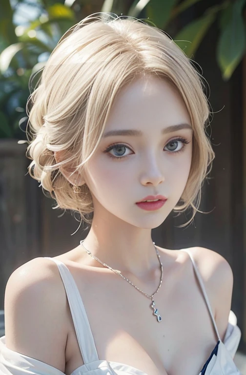 18-year-old, Close up portrait of woman in Ancient Greek clothing 、Shoulder out、thin、Serious expression、Short-haired、Deadly position, Gorgeous Necklace, Light milky porcelain skin, Smooth, Translucent white skin, Enchanting anime girl, Beautiful and seductive anime woman, Ultra realistic sweet bunny girl, Pale porcelain white skin, Smooth, Realistic and perfect body, Anime Girl Cosplay, Perfect body with realistic shadows, Gweitz&#39;s Masterpiece, Holding a cute white rabbit 