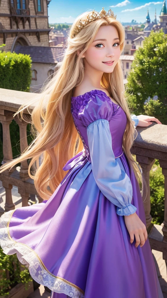 Create a high-resolution, realistic, and cute image of Rapunzel from Disney's "Tangled." She is standing on a balcony, looking out over the kingdom. The sky is a brilliant blue with fluffy white clouds, and the sun is shining brightly. Her long, golden hair is flowing down the side of the tower, and she is wearing her iconic purple dress. Her expression is one of hope and excitement, and the scene is detailed with vibrant colors and realistic textures.