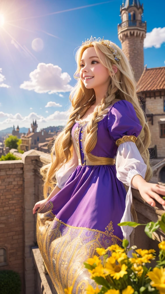 Create a high-resolution, realistic, and cute image of Rapunzel from Disney's "Tangled." She is standing on a balcony, looking out over the kingdom. The sky is a brilliant blue with fluffy white clouds, and the sun is shining brightly. Her long, golden hair is flowing down the side of the tower, and she is wearing her iconic purple dress. Her expression is one of hope and excitement, and the scene is detailed with vibrant colors and realistic textures.