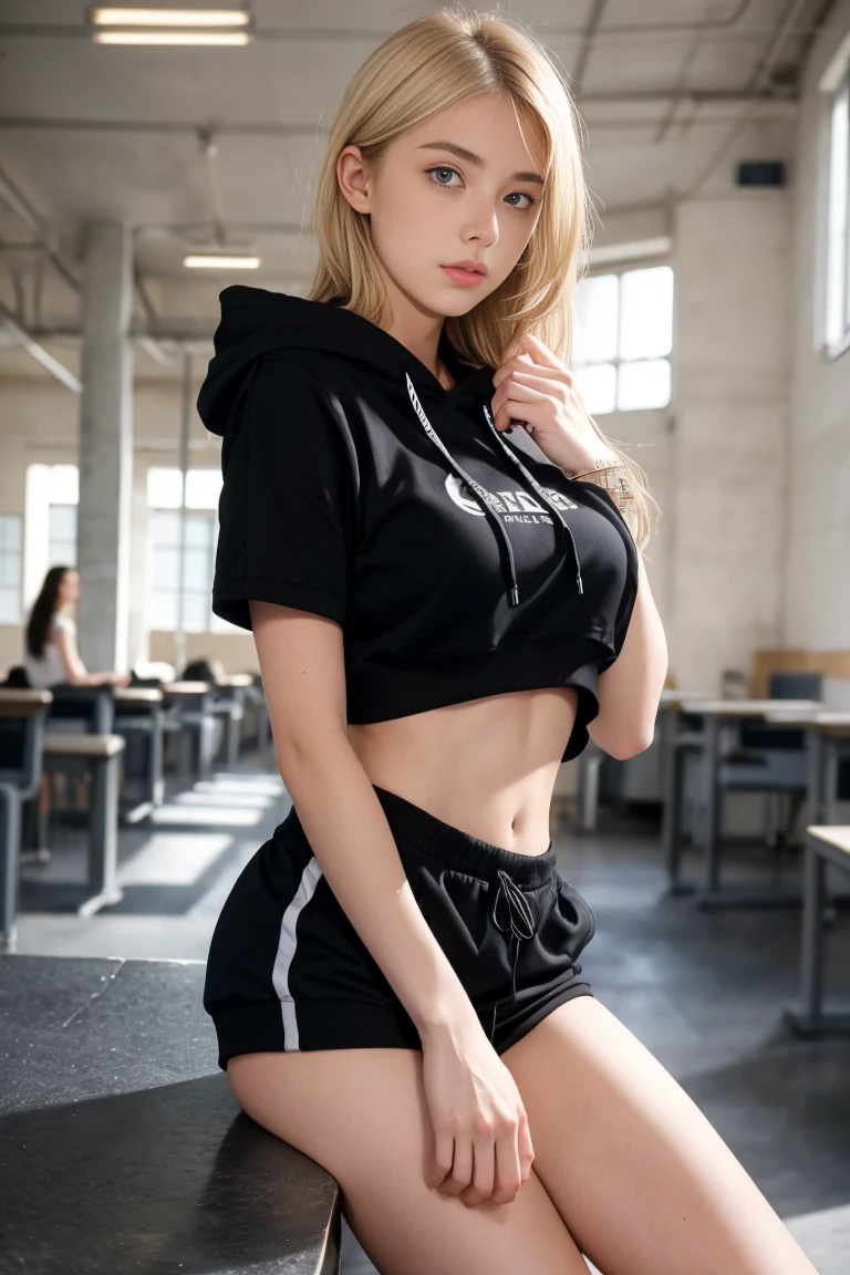 1 very young looking skinny girl in shot posing , very slim tight skinny super model bod, legal but she looks 16y, blond long professional hairstyle, in a high school office, wearing a sexy cut out teenysitter cropped Puma logo hoody and string tied thong with hoops fashion, jewelery, very toned abs with navel piercing, 16 y face and body, legs spread on table, blushing, babysitter teen, 8k