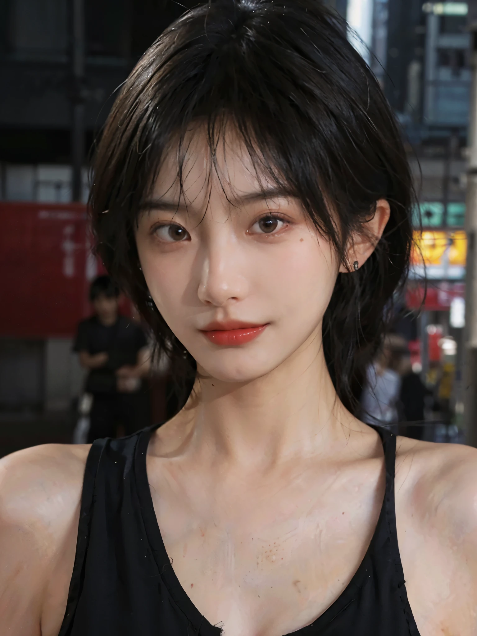 (Skin details:1.4), (smooth skin textures:1.3), （Upper Body：1.4），（Upper Body：1.3)，(Black clothes:1.4)，Lipstick, background, earrings, serene, calm, (Realistic and detailed eyes：1.2）, Natural skin texture, Realistic facial details, Soft dramatic lighting, Vivid details, 35 mm film, outdoor, (Photo Practical:1.4), (hyper Practical:1.4), (Practical:1.3), (Smoother lighting:1.05), (Improve lighting quality:0.9), (Highest quality real skin textures:1.4), Exquisite eyes, Delicate face, Close-up of face, (Enhance the beauty of skin texture:1.1),0Normal body proportions, short hair, Moles under the eyes, A faint smile,Portrait Photography, Depth of Field, Bokeh, Surrealism, Ray Tracing, (Portrait Photography:1.1), Surrealism, High Detail, Chiaroscuro, Ray Tracing, reflected light, Ultra HD, Ultra HD, masterpiece, Textured Skin, Super Detail, High Detail, high quality, best quality