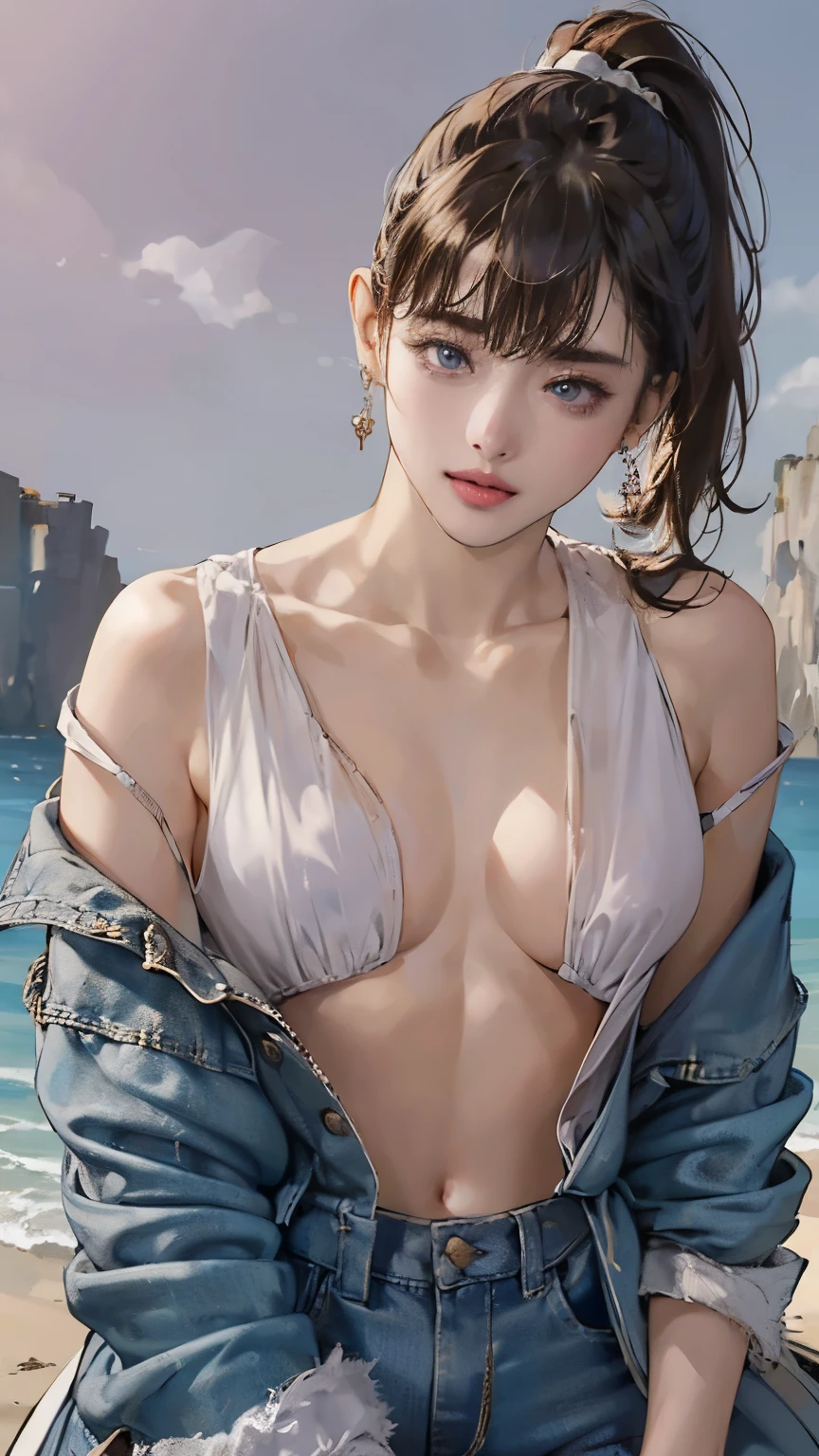 (8K、RAW Photos、Highest quality、Masseter region:1.2)、Very detailedな、Ultra-high resolution、(Realistic、Realistic photos:1.37)、Portraiture、High-resolution RAW color photos、Professional photography、hVery detailed and beautiful、Very detailed、8K Picture Wallpaper、Amazing details、Large file size、Official Art、HVery detailed CG Unity 8K wallpapers、hVery detailed beautiful girl、Very detailed顔、Very detailed目、Very detailed皮膚、Very detailed指、hVery detailed nose、Very detailed詳細な口、Perfect Anatomy、Detailed Background、Detailed clothing、1 Girl、(20:1.2)、20th generation、cute、Realistic bPetite、White skin、Glowing Skin、the body is slim、Black-haired、((short hair))、((ponytail))、(Blunt bangs: 1.2)、cute、Zola々right、cute faces、A vivid face、Delicate eyes、Source order、((No bra))、((Distressed jeans look))、((Red lipstick and purple eyeshadow))、((The chest is exposed:1.5))、((Exposed shoulders:1.5))、(((No good)))、(((Full nudity)))、((Backward Shot))、((Full Body Shot))、((Dreamy look))、Earrings、necklace、Looking into the camera、Cowboy Shot、positive、Standing posture、Contrapo、Dynamic Lighting、((Firm D-cup milk))、