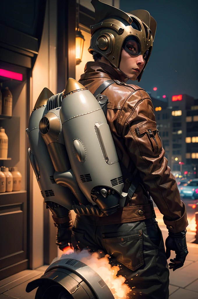 rocketeer, jetpack, cyberpunk, science fiction, cyberpunk style, 8k, flying in night sky, masterpiece, highly detailed, dynamic lighting,