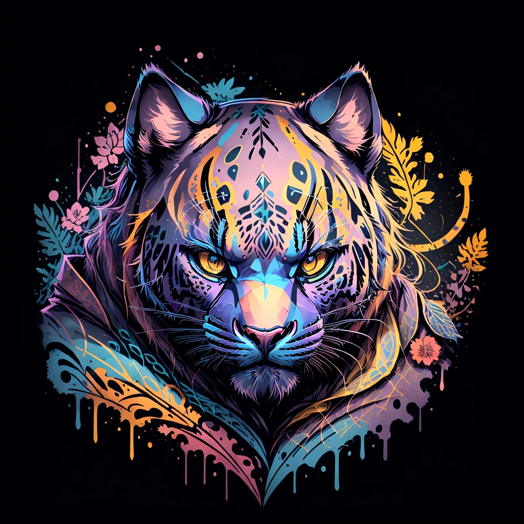 Masterpiece, best quality, very detailed, extremely detailed, colorful panther’s head, kind face, big beautiful eyes, no background 