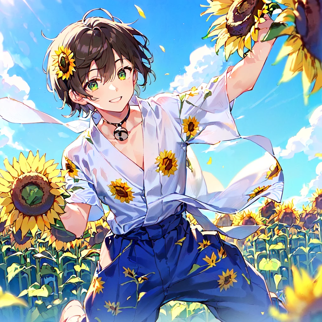 masterpiece, best quality, high quality, extremely detailed, (1 male age 30, solo: 1.5), (short short hair up to neck, bangs up to eyes: 1.5), (hair color brown), (eyes yellowish green: 1.3), 8 head tall, slender nose, expression (yukata short sleeve sunflower print in summer with pants: 1.3), (running), (dynamic pose), (smiling: 1.3), (background sunflower field: 1.3), (blue sky: 1.3)
