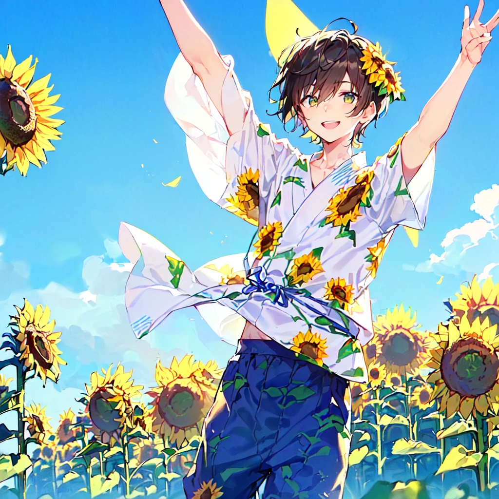 masterpiece, best quality, high quality, extremely detailed, (1 male age 30, solo: 1.5), (short short hair up to neck, bangs up to eyes: 1.5), (hair color brown), (eyes yellowish green: 1.3), 8 head tall, slender nose, expression (yukata short sleeve sunflower print in summer with pants: 1.3), (running), (dynamic pose), (smiling: 1.3), (background sunflower field: 1.3), (blue sky: 1.3)