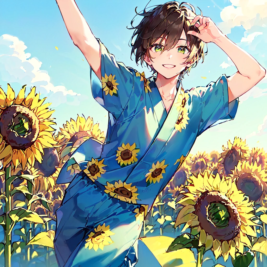 masterpiece, best quality, high quality, extremely detailed, (1 male age 30, solo: 1.5), (short short hair up to neck, bangs up to eyes: 1.5), (hair color brown), (eyes yellowish green: 1.3), 8 head tall, slender nose, expression (yukata short sleeve sunflower print in summer with pants: 1.3), (running), (dynamic pose), (smiling: 1.3), (background sunflower field: 1.3), (blue sky: 1.3)