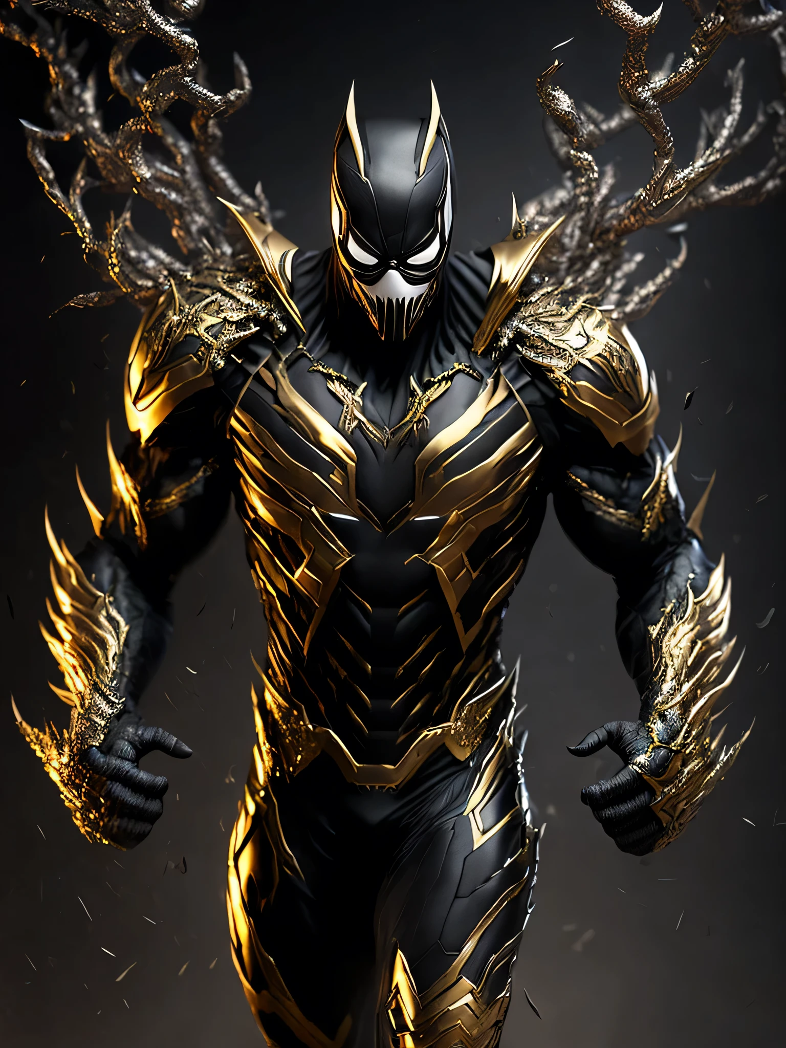 Full Body ( Steal metal black and gold venom from Marvel in Goth style: 1.3) emerging from the reflective steal metal, extremely detailed, smoke, sparks, metal shavings, flying debris, volumetric light