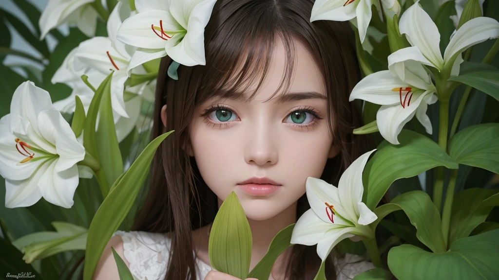32k, Masterpiece, Highest quality, One girl, Brown Hair, Detailed eyes, flower,Amaryllis, Blue and green style,A dreamy, romantic piece,Pale green, Mysterious Leaves,A playful arrangement,Fantasy,High Contrast,Ink strokes,explosion,Exposure, Impression of blue and green tones,Abstract, Brush strokes,Negative Space, Tyndall effect, White background