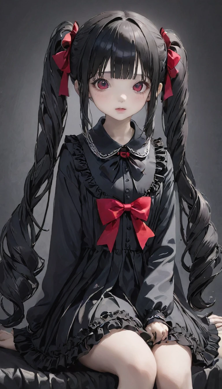 (Highest quality、masterpiece、Super detailed、一人のgirl、Cute face、Black silky hair、短い髪のTwin tails、16talent、ショートボブのTwin tails、Gray eyes、From the knee up、Gothic Lolita Fashion、Highly detailed eye、Little red cheeks and nose、Cute face、((💀、☠、girl、💀)))、Twin tails、