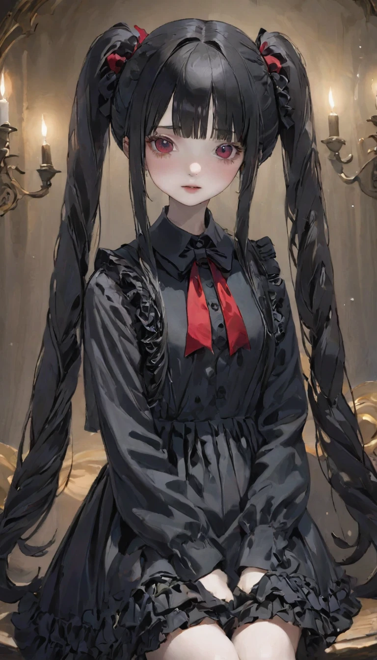 (Highest quality、masterpiece、Super detailed、一人のgirl、Cute face、Black silky hair、短い髪のTwin tails、１６talent、ショートボブのTwin tails、Gray eyes、From the knee up、Gothic Lolita Fashion、Highly detailed eye、Little red cheeks and nose、Cute face、((💀、☠、girl、💀)))、Twin tails、