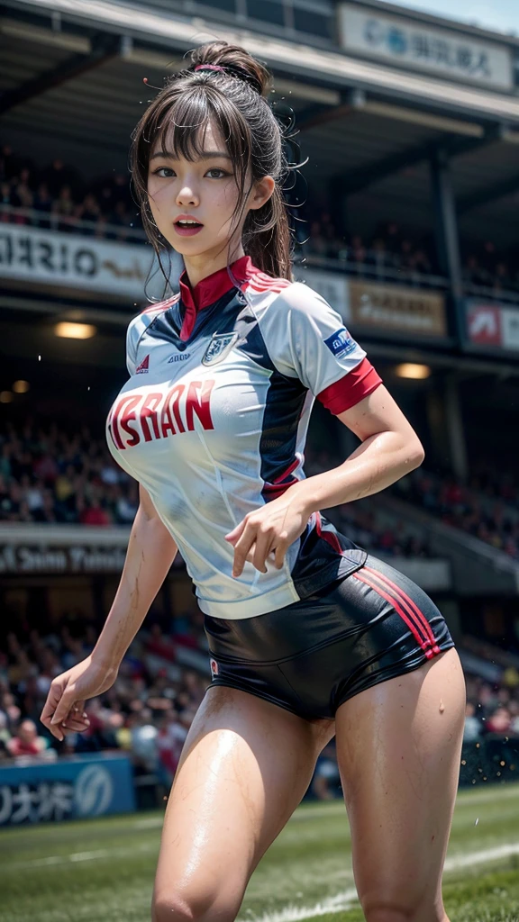 Highest quality, High resolution:1.2, Very detailed, Realistic:1.3, ((Beautiful woman))、((Super tight uniform))、((Big Breasts))、Vibrant colors, play soccer,((Blunt bangs))、Various Hair Styles、Different hair colors、With bangs、Wet Hair, concentrate, splash, Action Shots, Grass blotches, Muddy ground, Wet turf, decide, Fast-paced games, Athletic physique, Shiny soccer ball, Wet Uniform, raindrop, Blurred motion, ボールにconcentrateする, Intense competition, Skillful dribbling, Energetic play, Teamwork, powerful shoots, Wet pitch, Passionate sports,Humid atmosphere, Fluid movement, emotional expression、Dramatic lighting, Women's Sports, Avid athletes, Exciting Games,Excited state, Speed and agility, Energetic play, 濡れたsplash、smile、((Red uniform))