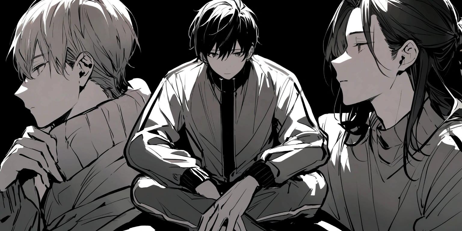 black and white drawing, black background, human, 26 year old male, black neat hair, a lonely face, wearing gray tracksuit, sitting cross-legged, to sing