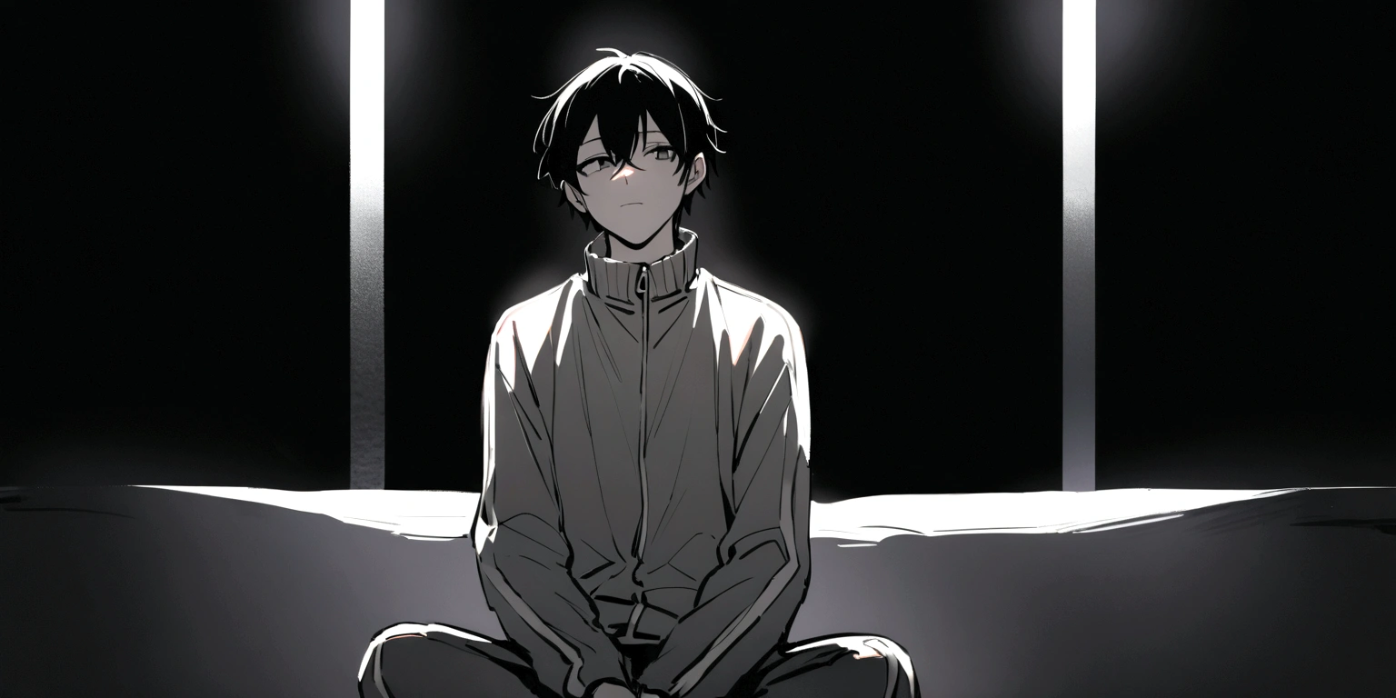 black and white drawing, black background, human, 26 year old male, black neat hair, a lonely face, wearing gray tracksuit, sitting cross-legged, to sing