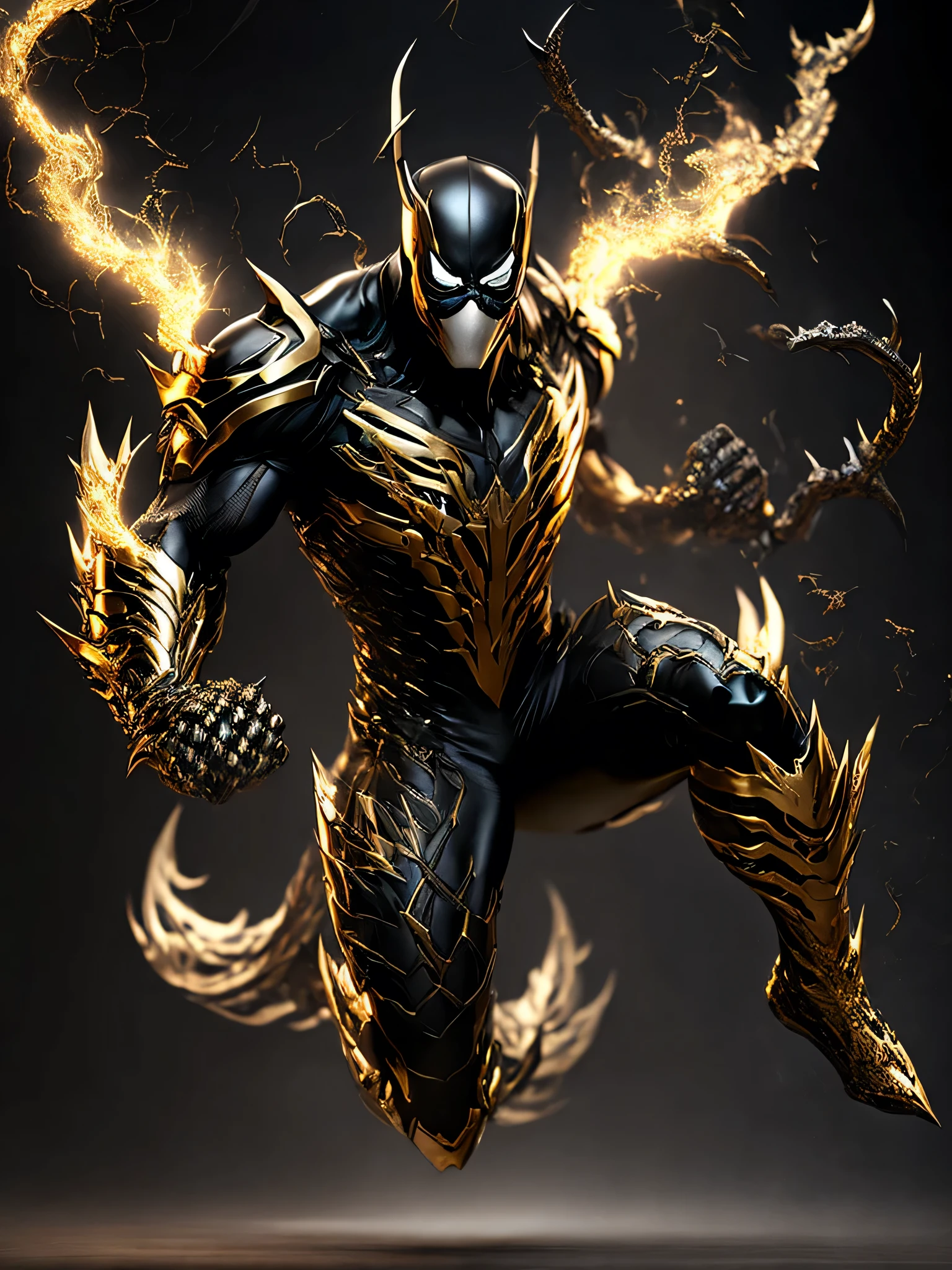 Full Body ( Steal metal black and gold venom from Marvel in Goth style: 1.3) emerging from the reflective steal metal, extremely detailed, smoke, sparks, metal shavings, flying debris, volumetric light