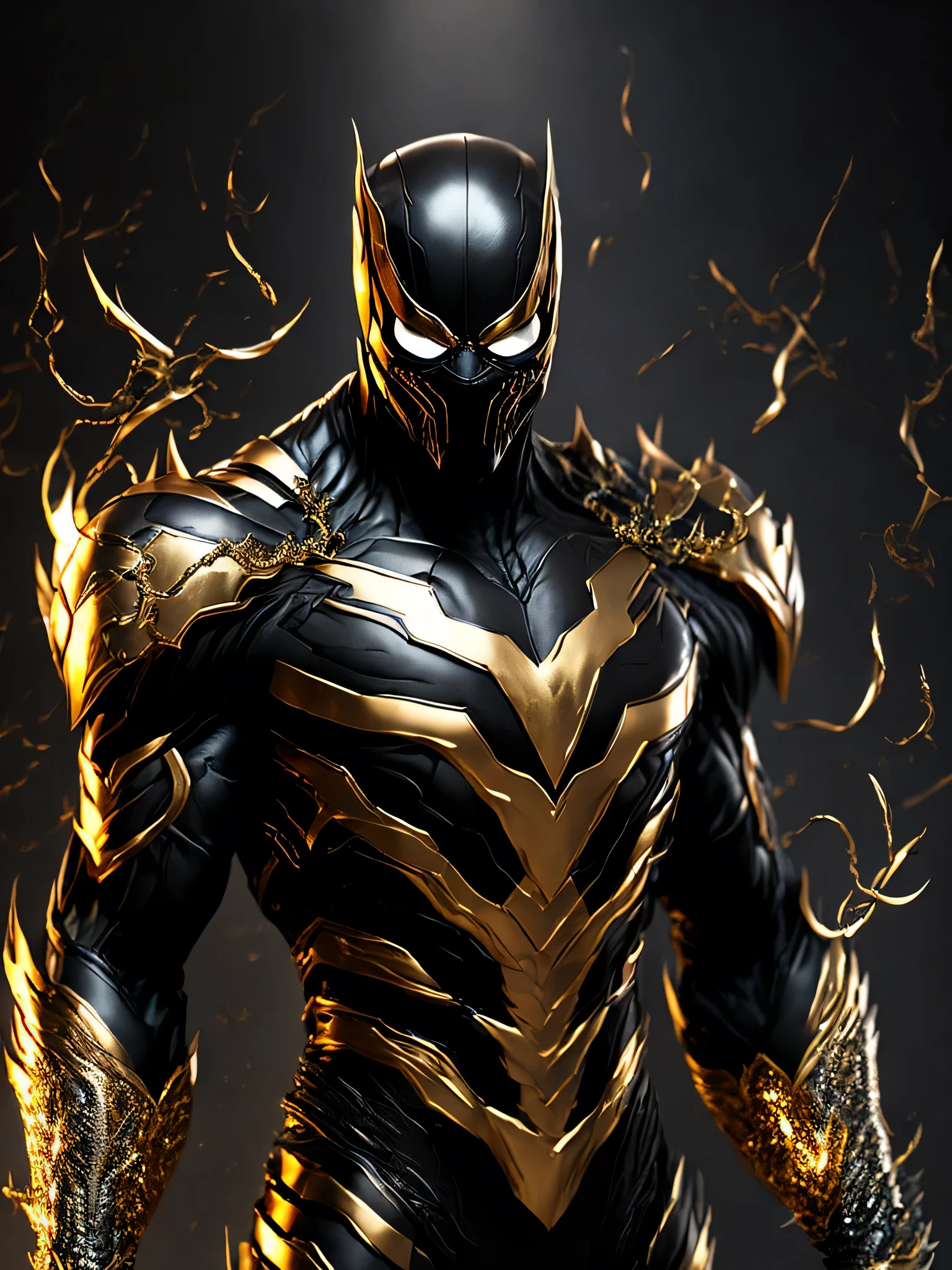 Full Body ( Steal metal black and gold venom from Marvel in Goth style: 1.3) emerging from the reflective steal metal, extremely detailed, smoke, sparks, metal shavings, flying debris, volumetric light